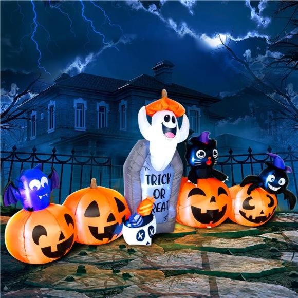 8FT Halloween Inflatable Decorations, Blow Up Pumpkins, LED Lights